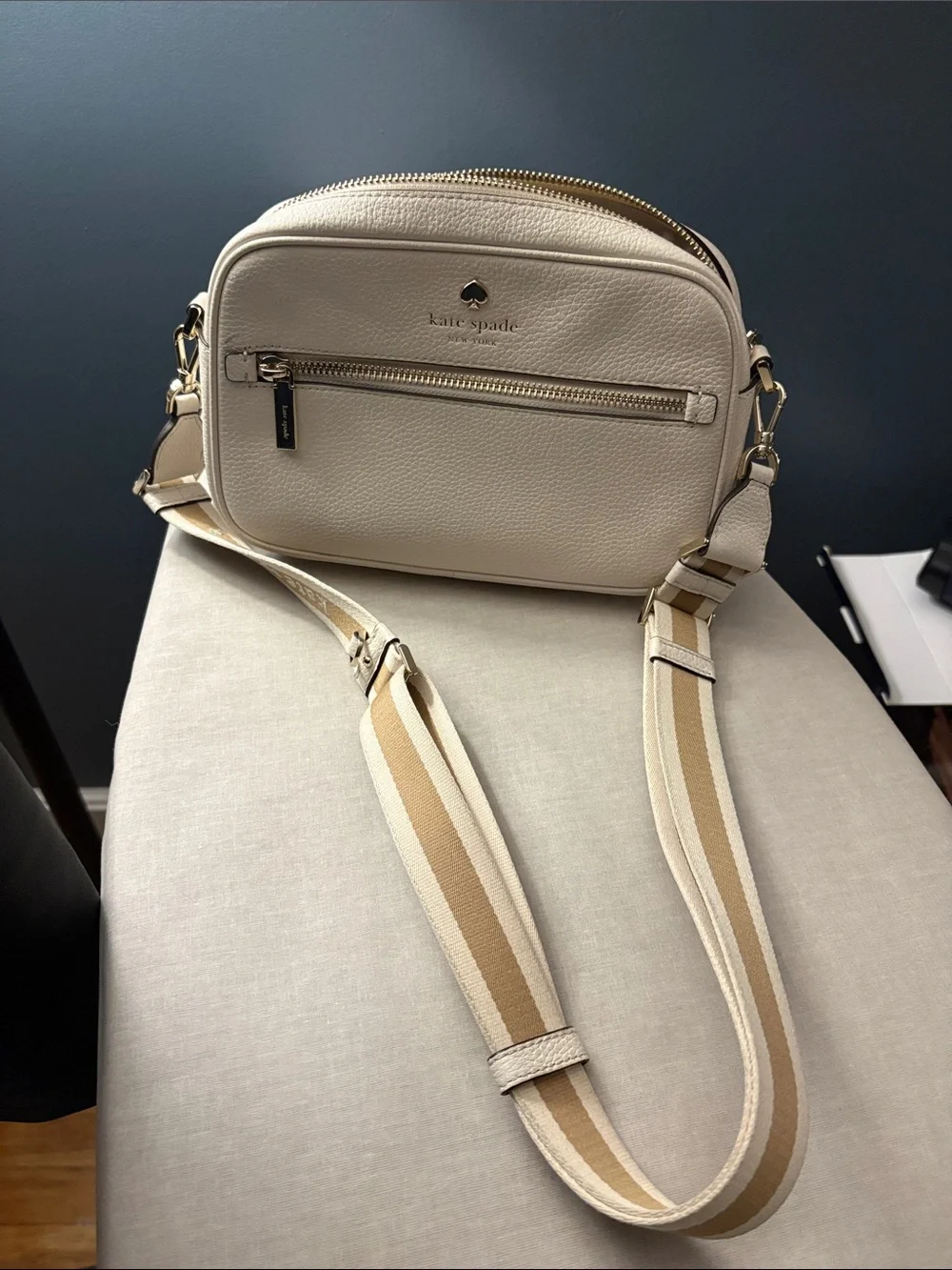 kate spade Cream Pebbled Leather Crossbody with Striped Strap